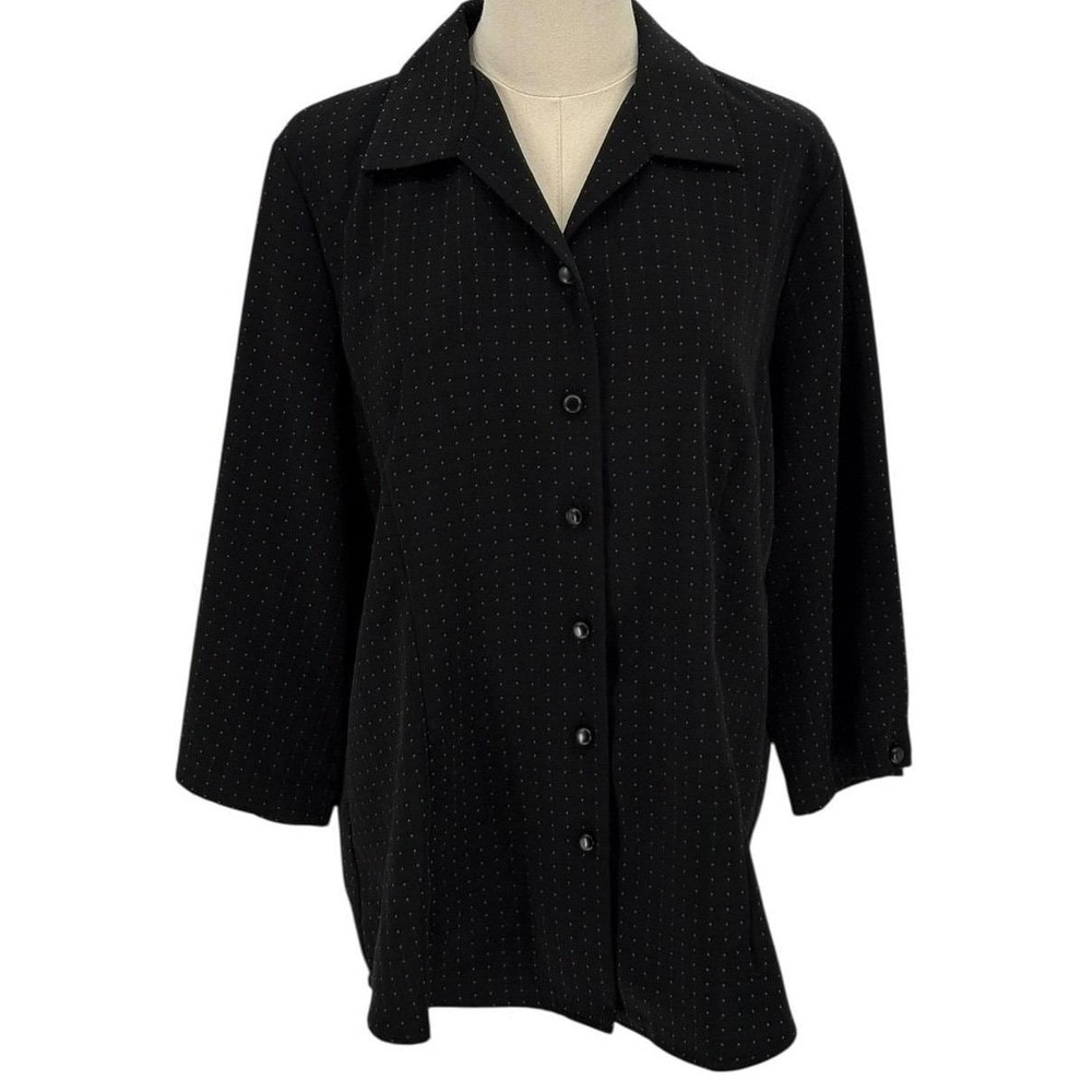 TanJay Button Up Blouse Black Teal Blue Dotted Grid Pattern 14